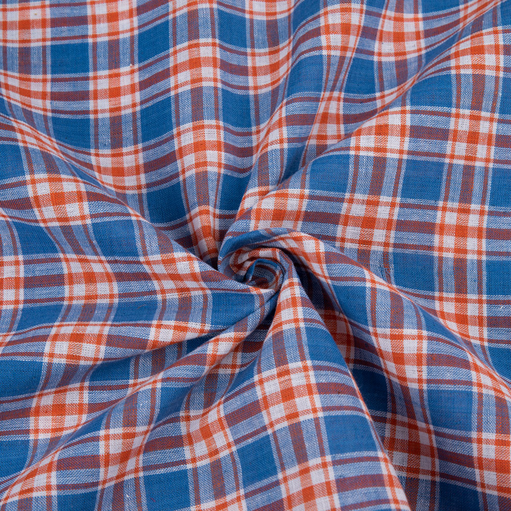 Check Blue & Orange Pure Cotton 96 GSM Handwoven Fabric