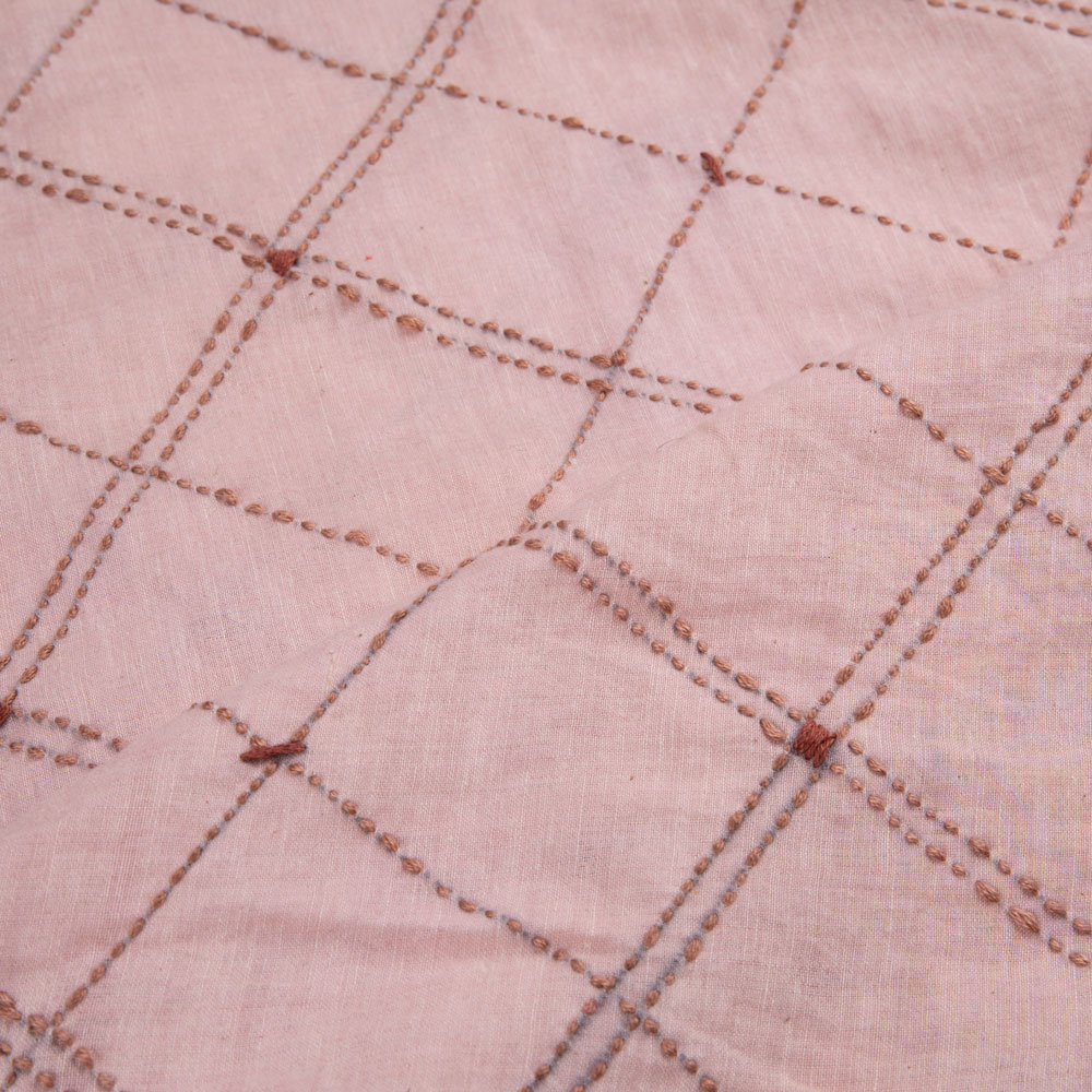 CHECK PINK KANTHA EMBROIDERED KHADI COTTON 86 GSM HANDWOVEN FABRIC