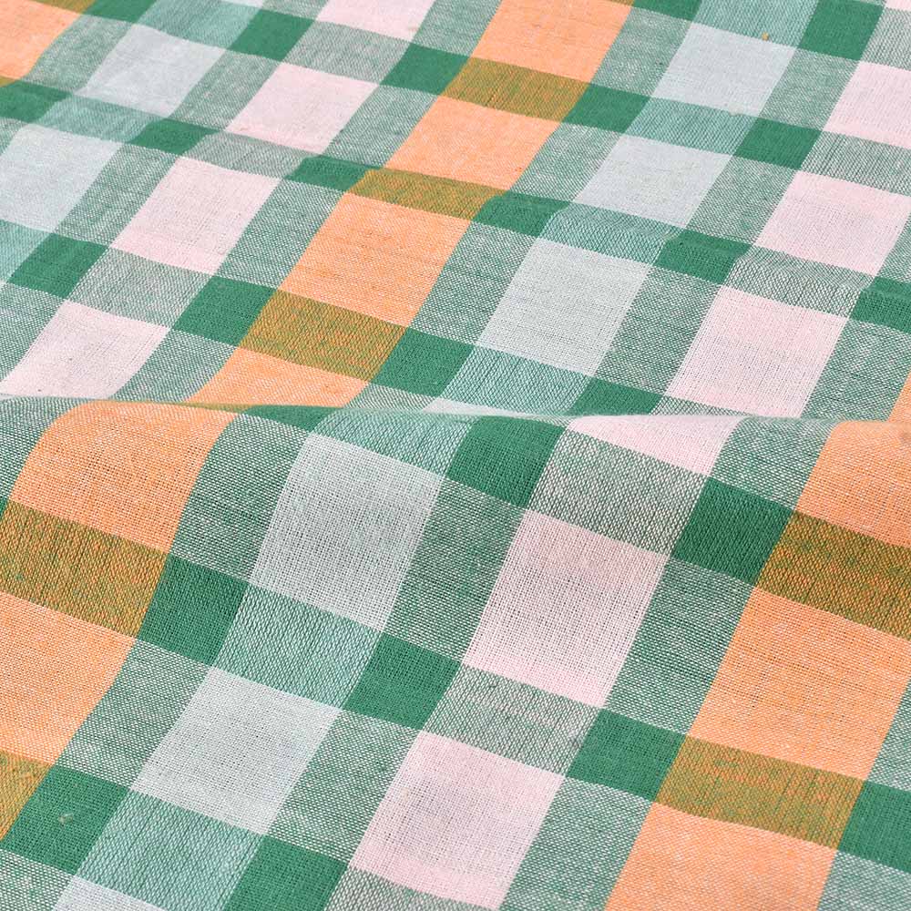 CHECK ORANGE GREEN PURE COTTON 95 GSM HANDWOVEN FABRIC