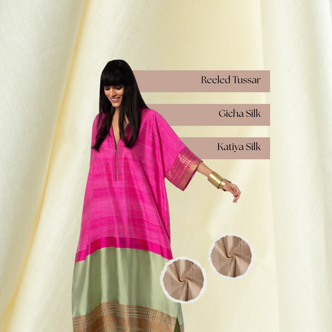 Comparison of reeled tussar, gicha silk, and katiya silk yarn textures laid side by side