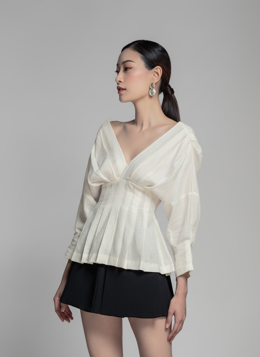 Deep V Neck Top With Pleats