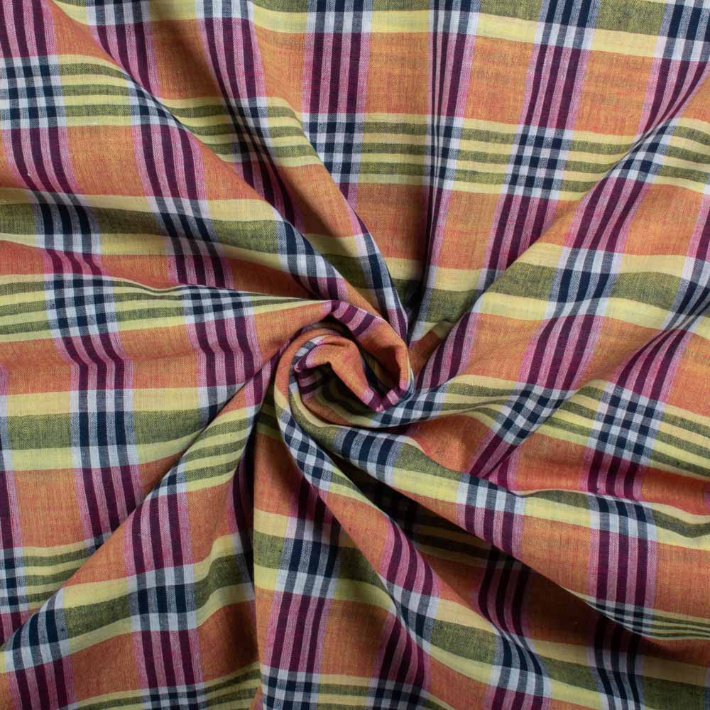Yellow Base Red Black & White Check Pure Cotton 70 GSM Handwoven Fabric