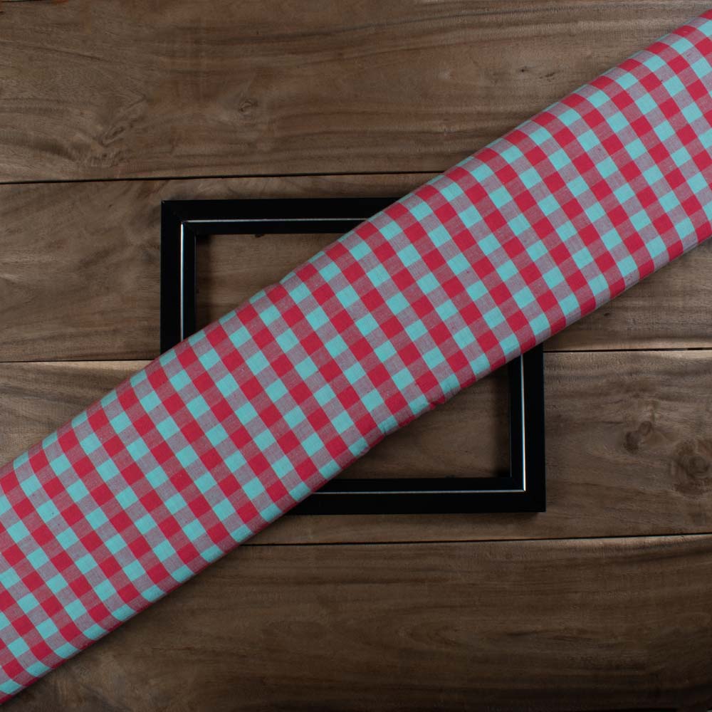 Check Red and Sky Pure Cotton 100 GSM Handwoven Fabric 751