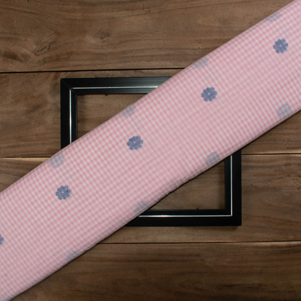 Check Pink White Jamdani Pure Cotton 60 GSM Handwoven Fabric