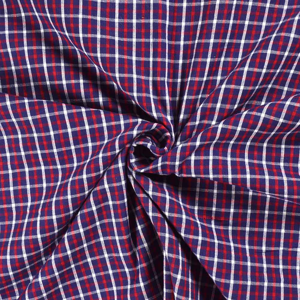 Check Blue Red & White Pure Cotton 74 GSM Handwoven Fabric