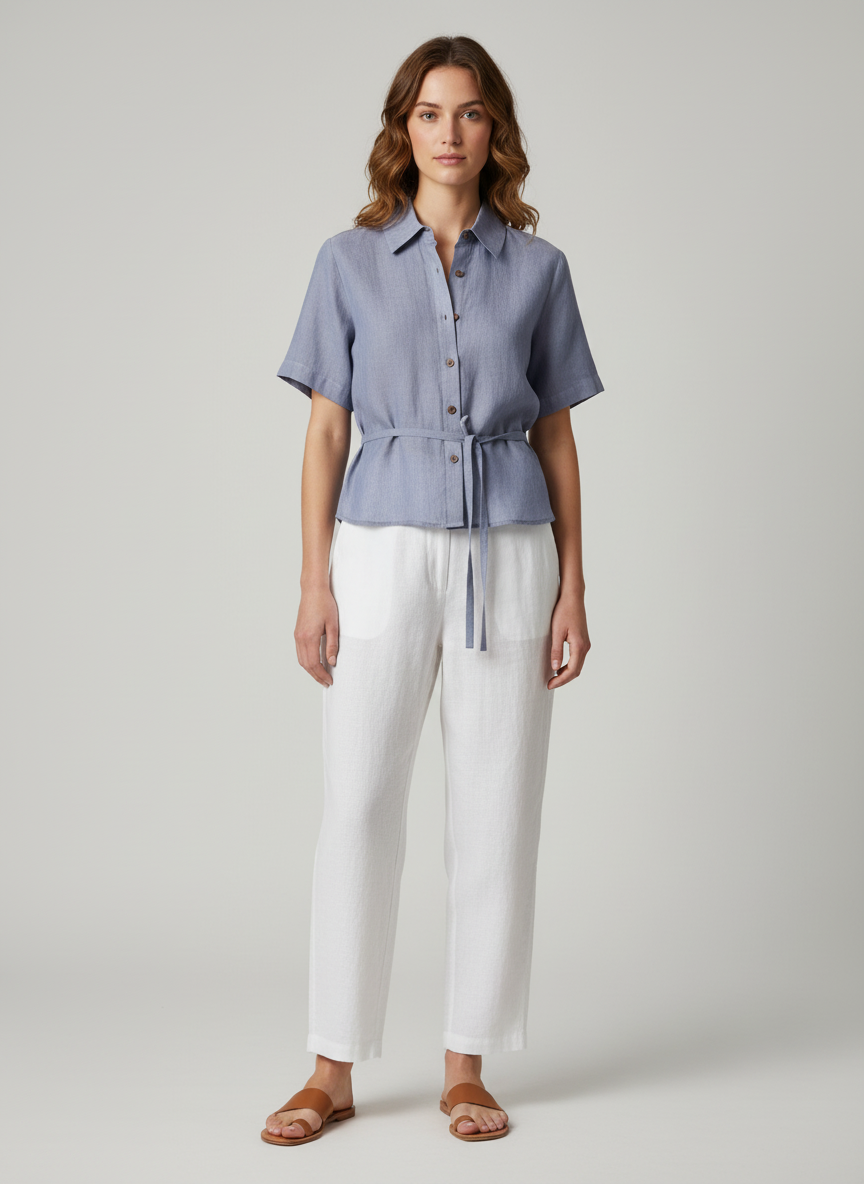 Free Style Wide Polo Collared Top With A Belt Tie