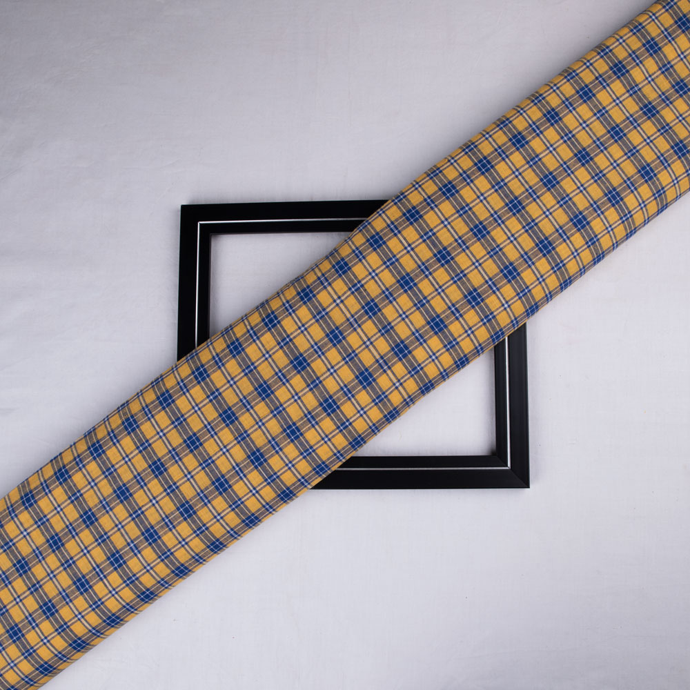 Check Yellow & Blue Pure Cotton 93 GSM Handwoven Fabric