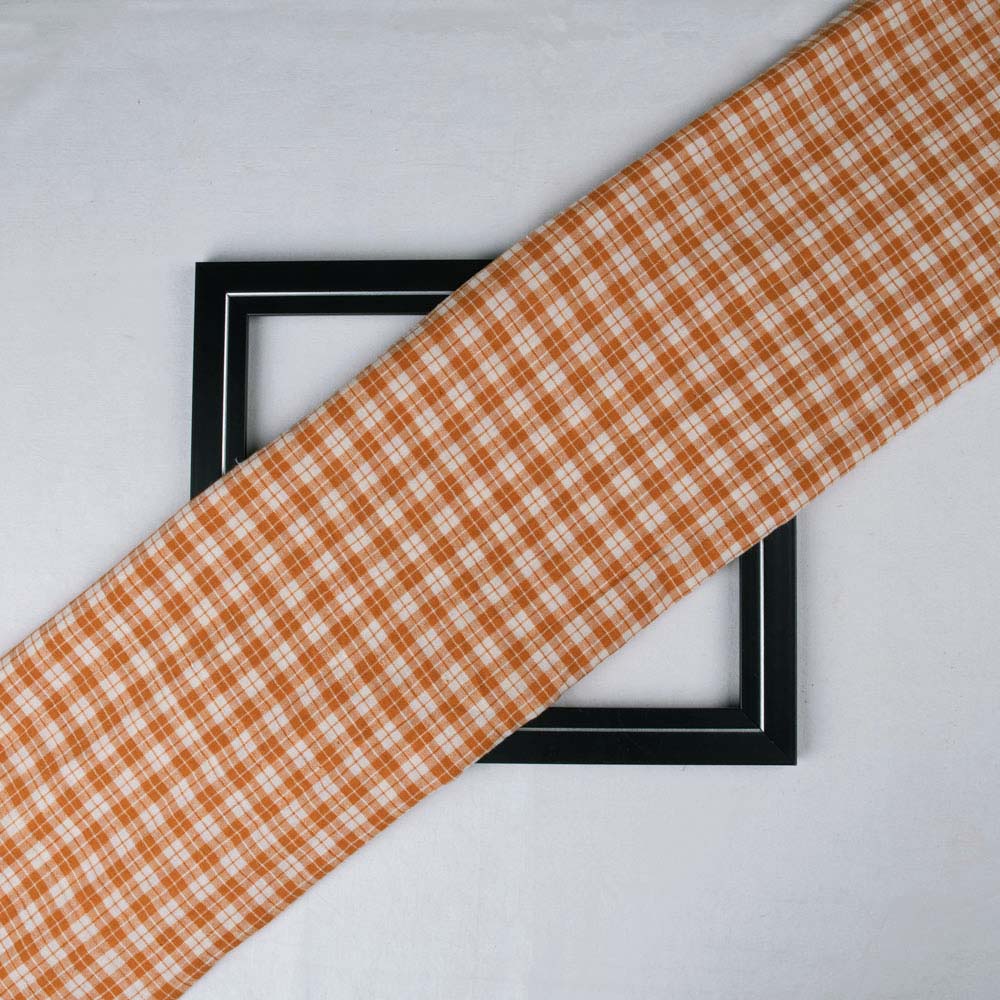 CHECK ORANGE & WHITE PURE COTTON 95 GSM HANDWOVEN FABRIC