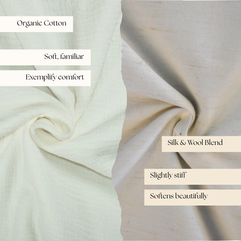 Close comparison of soft organic cotton weave next to structured banana fiber fabric highlighting contrast in drape and body.