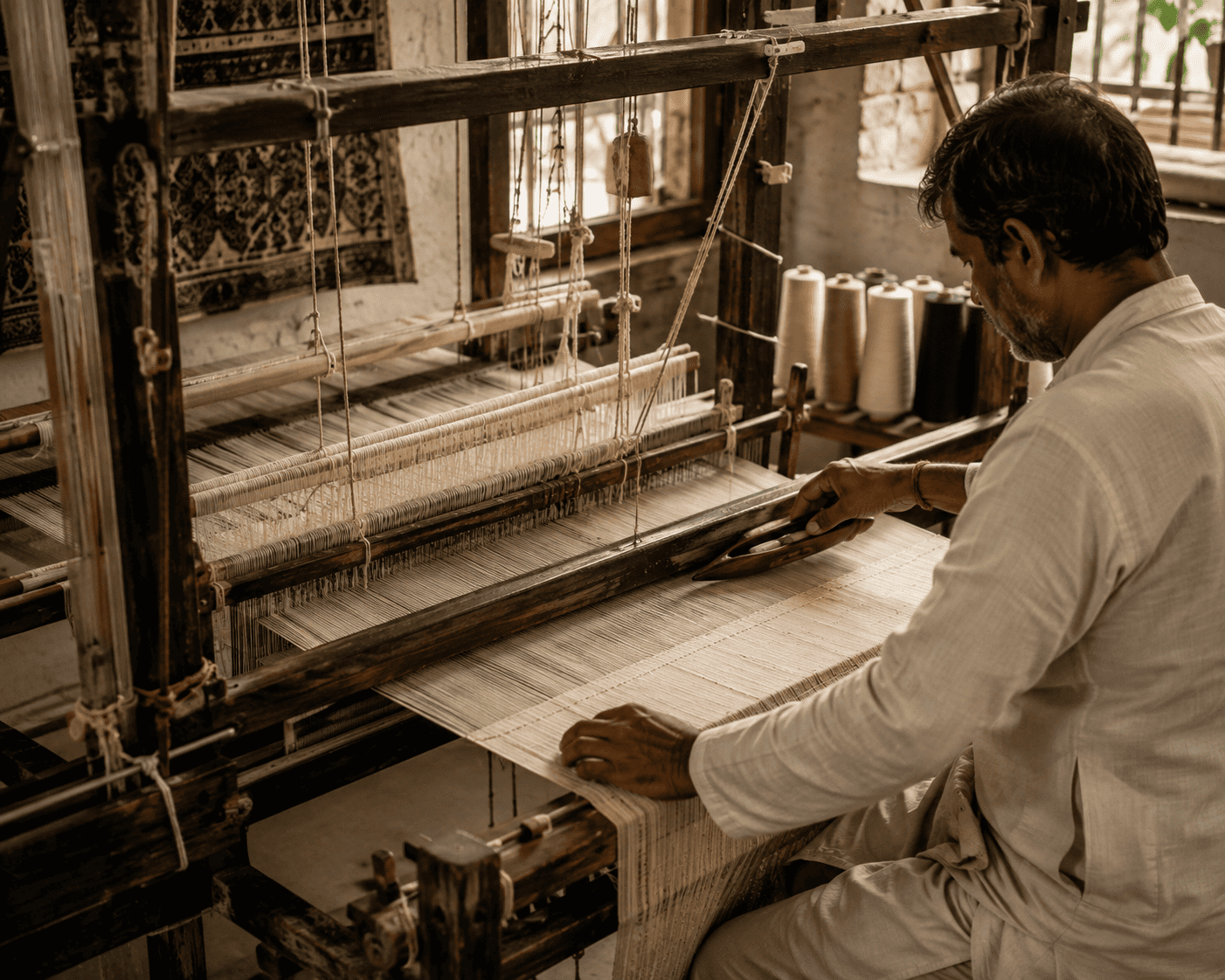 Artisan weaving fabric on a traditional handloom