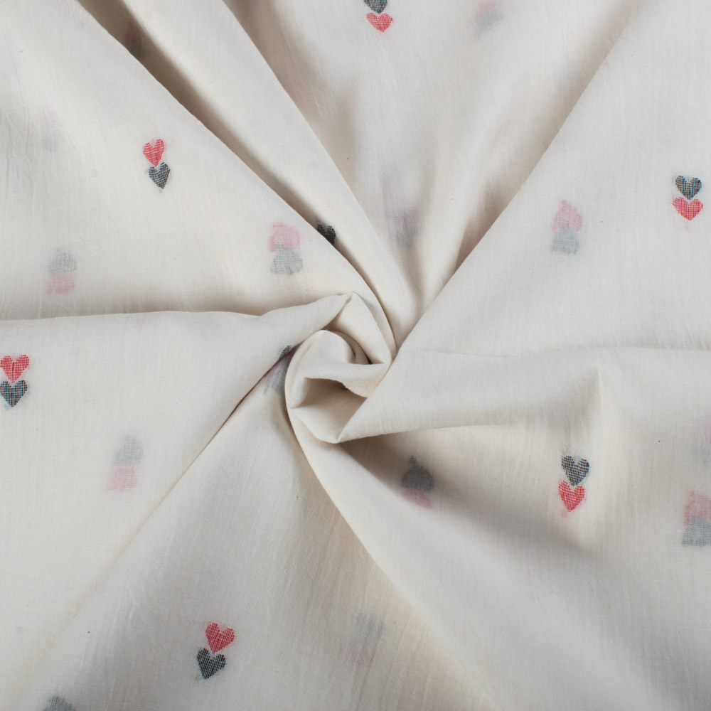 White Base Red & Black Pure Cotton 55 GSM Handwoven Jamdani Fabric