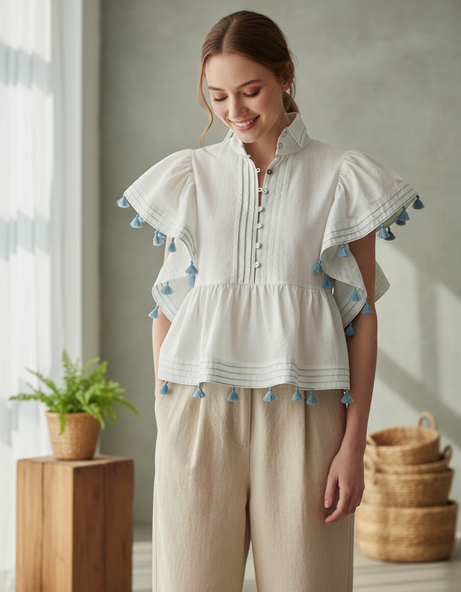 Pure Cotton White Tassel & Ruffle Sleeve Top.