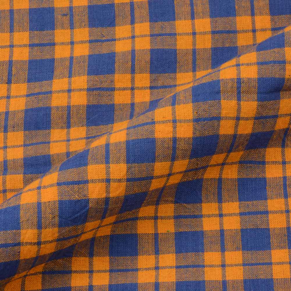 CHECK ORANGE & BLUE PURE COTTON 97 GSM HANDWOVEN FABRIC