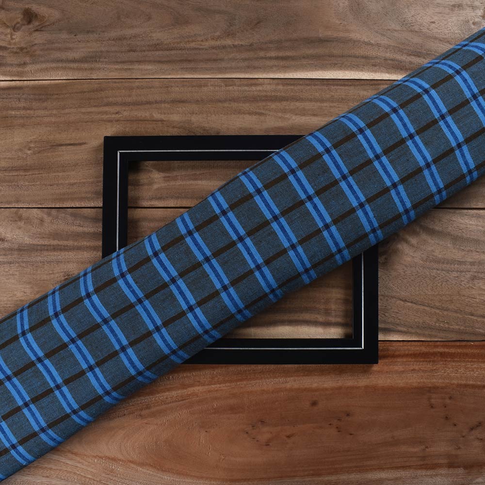 Check Gray & Blue Pure Cotton 104 GSM Handwoven Fabric