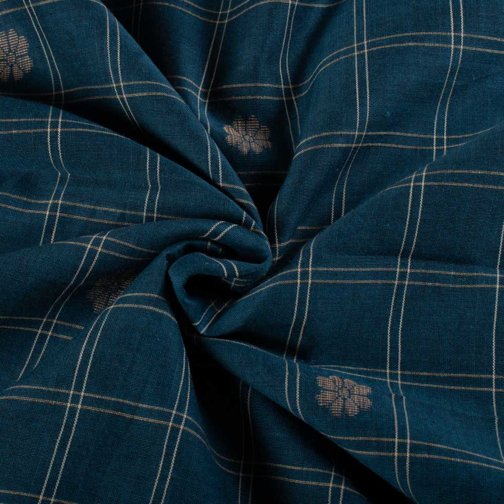 Blue Cream Check Flower Guti Pure Cotton 60 GSM Handwoven Jamdani Fabric