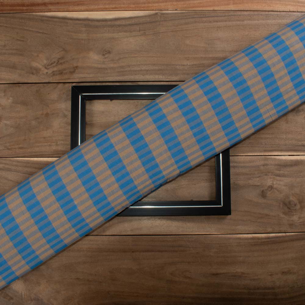 Check Tan and Blue Pure Cotton 95 GSM Handwoven Fabric 681