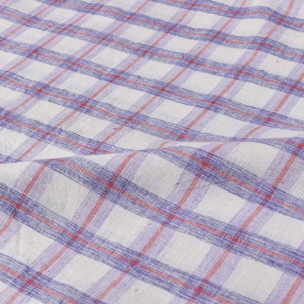 CHECK WHITE PURPLE AND RED PURE COTTON 110 GSM HANDWOVEN FABRIC