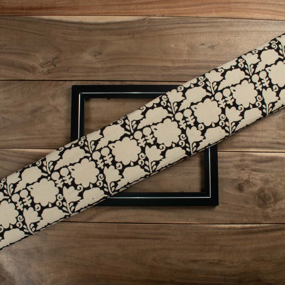 Abstract Black Creme Block Ajrakh Print Pure Khadi Natural Dye 107 GSM Fabric