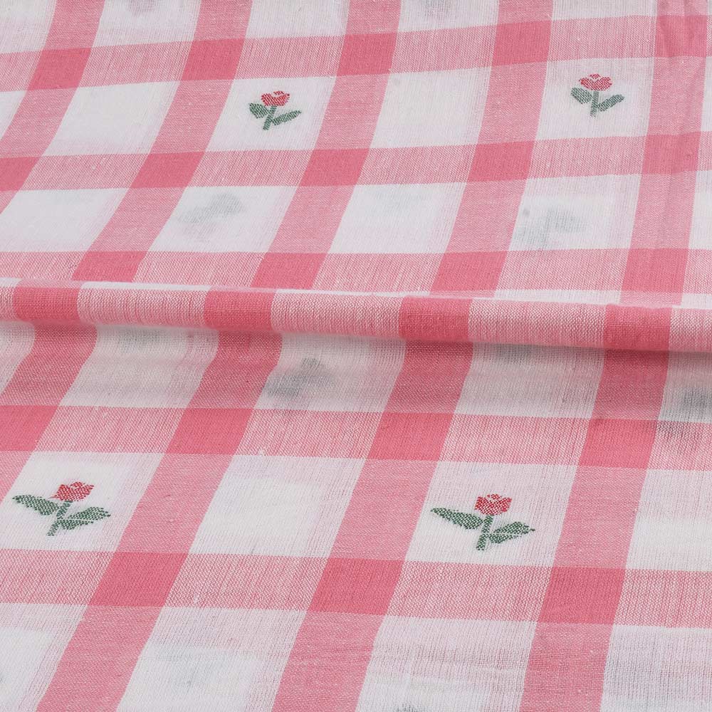 FLORAL CHECK PINK & BLUE JAMDANI PURE COTTON 104 GSM HANDWOVEN FABRIC