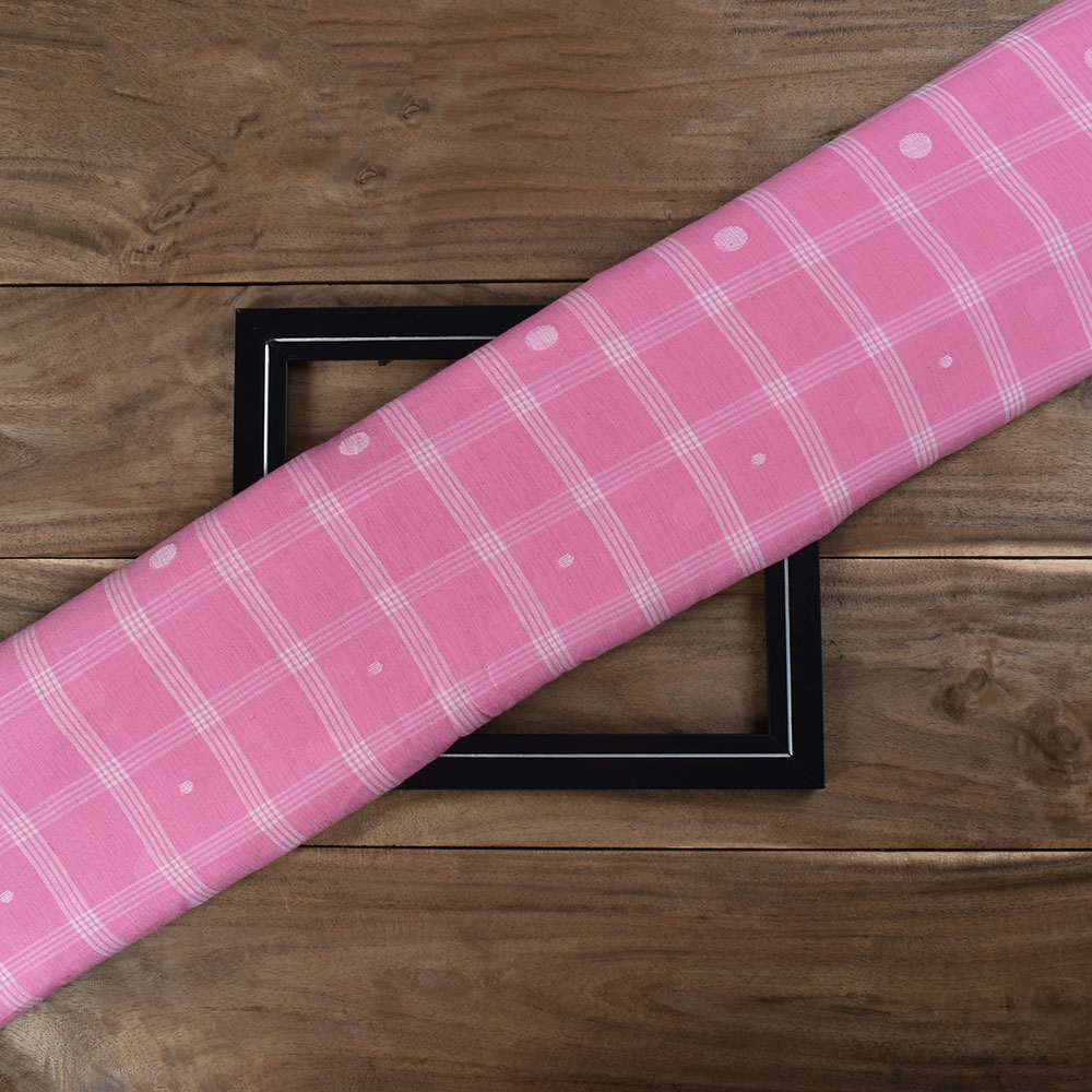 Check Pink White Jamdani Pure Cotton 65 GSM Handwoven Fabric