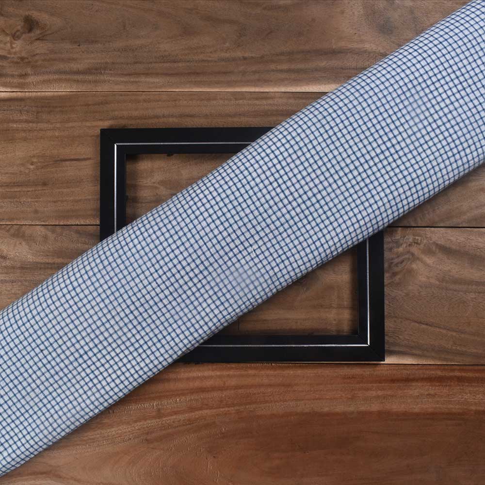 Check White & Blue Pure Cotton 95 GSM Handwoven Fabric