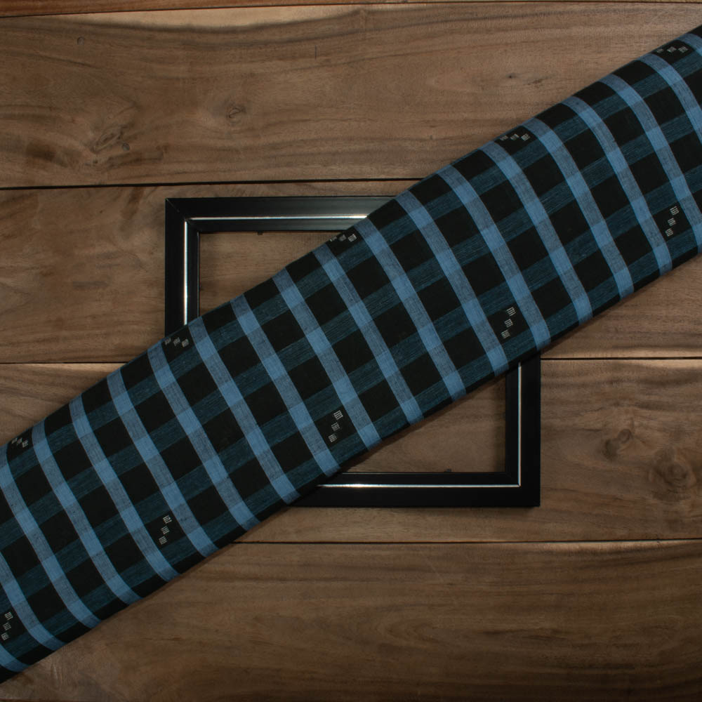 Check Black & Blue Jamdani Pure Cotton 100 GSM Handwoven Fabric