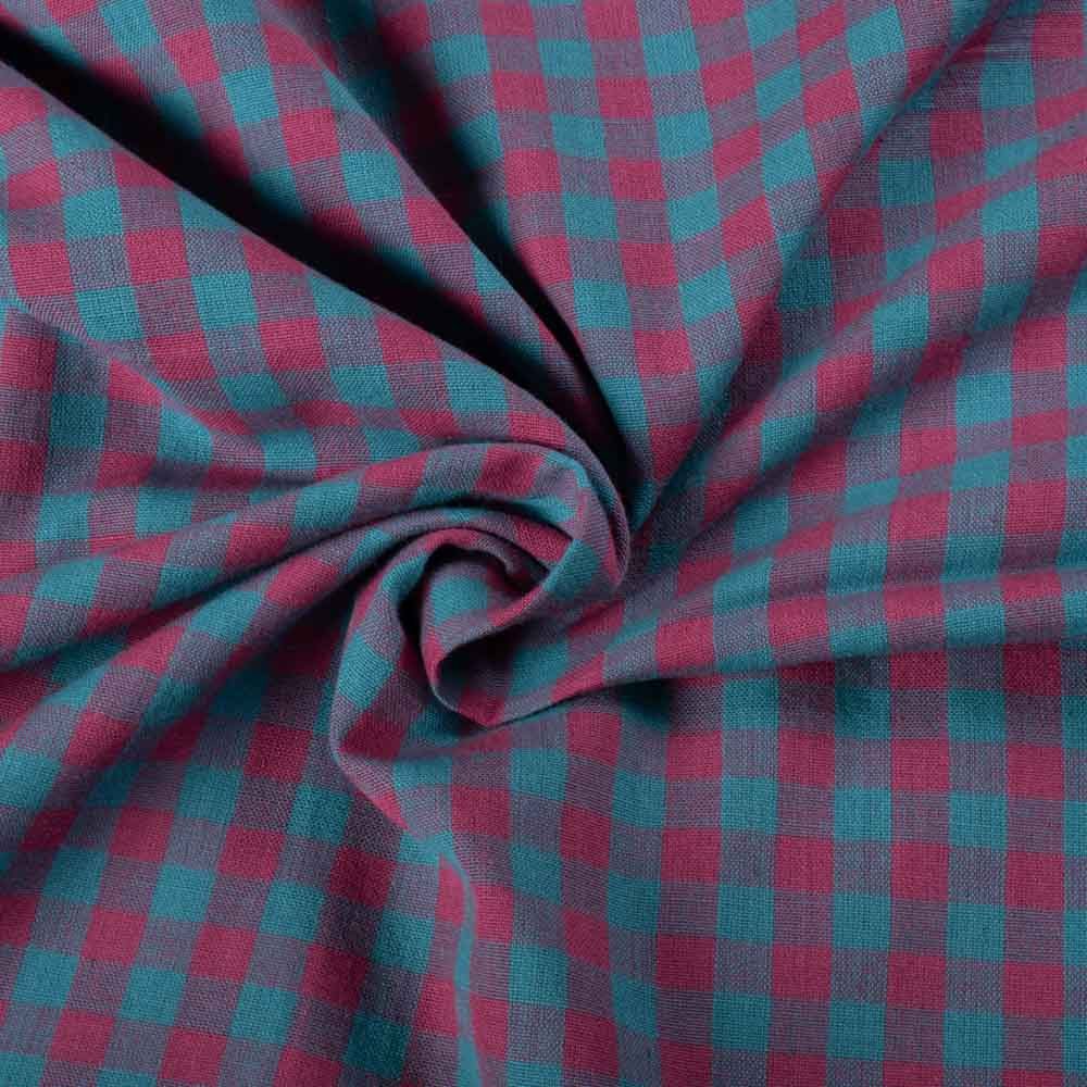 Check Deep Pink & Tarquse Pure Cotton 90 GSM Handwoven Fabric