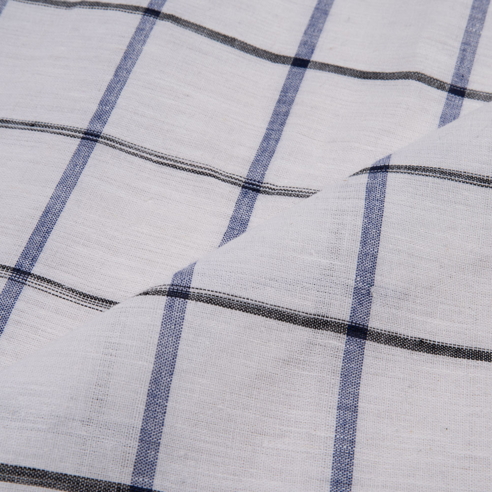 CHECK WHITE BLUE & BLACK LINEN COTTON 121 GSM HANDWOVEN FABRIC