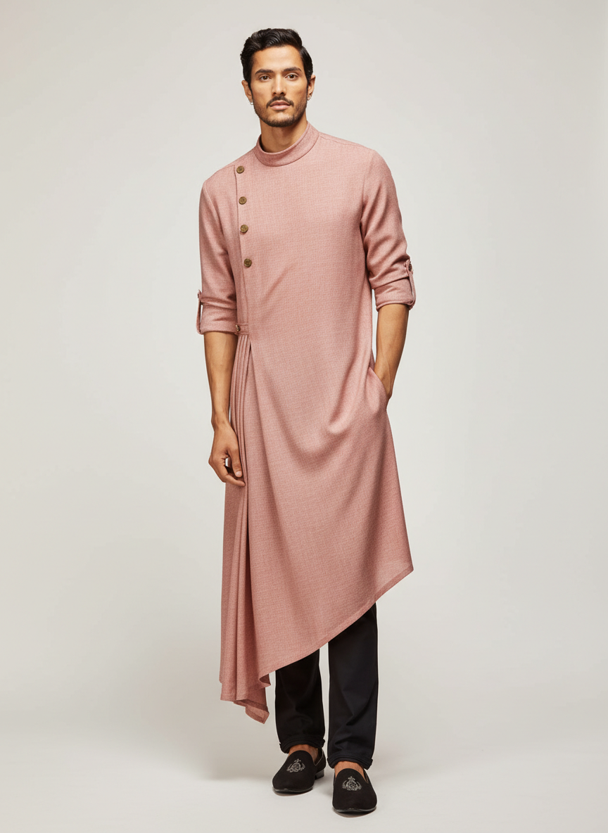 Pleated Asymmetric Men's Kurta With Buttons