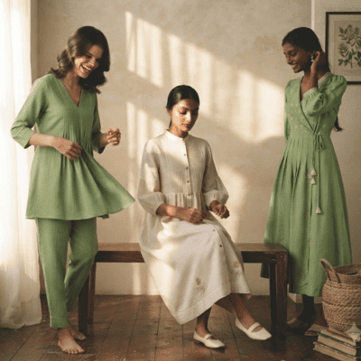 Women wearing contemporary Indian outfits made with traditional textiles and modern silhouettes