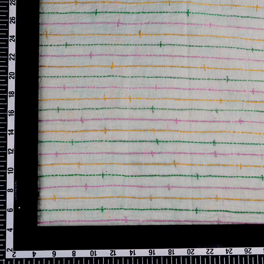 STRIPE WHITE KANTHA EMBROIDERED KHADI COTTON 115 GSM HANDWOVEN FABRIC