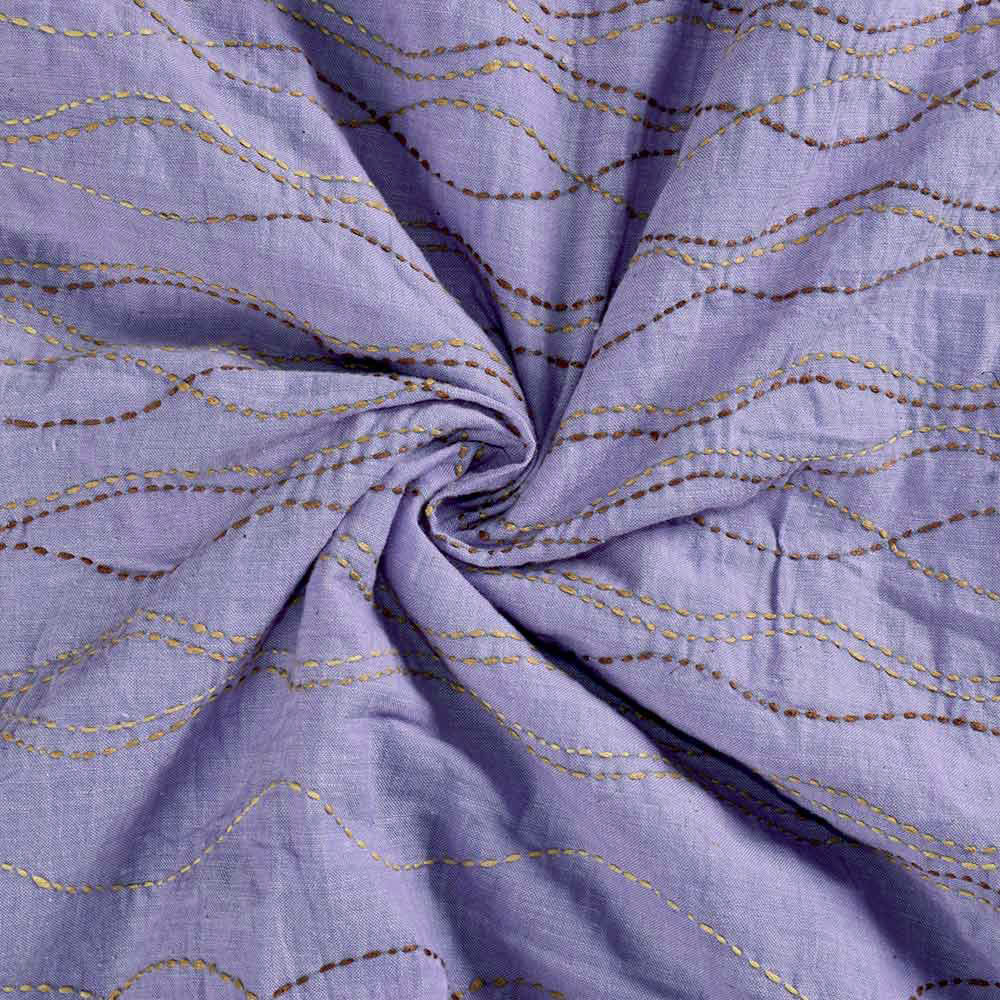 Purple Kantha Embroidered Khadi Cotton 107 GSM Handwoven Fabric