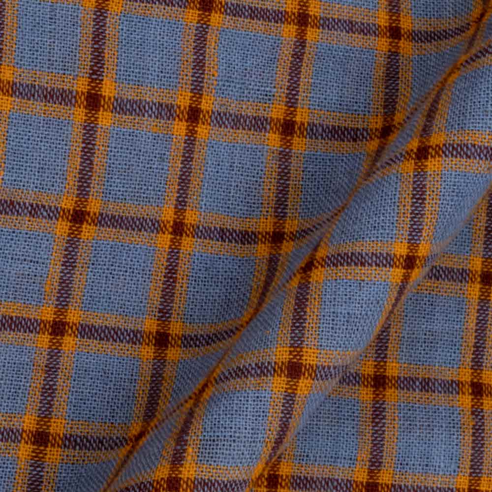CHECK BLUISH GREY & YELLOW PURE COTTON 95 GSM HANDWOVEN FABRIC