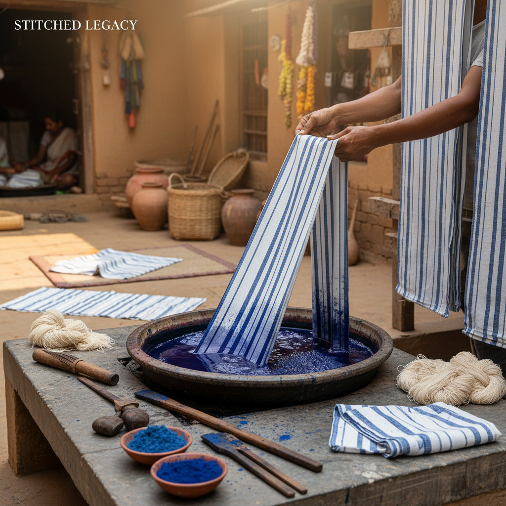 Artisan weaving Khesh fabric in Birbhum, West Bengal using old cotton sarees