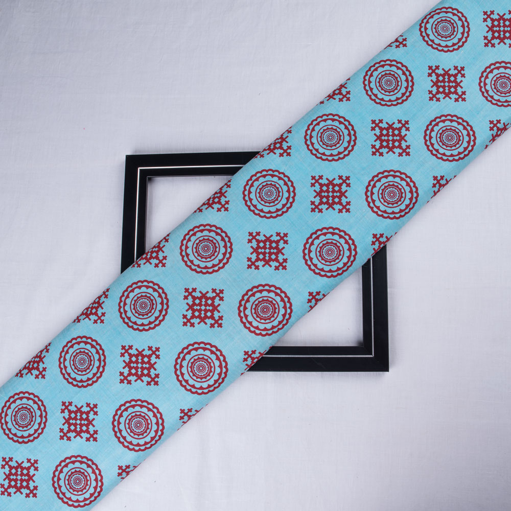Geometric Blue Screenprinted Cotton Khadi 83 GSM Handwoven Fabric