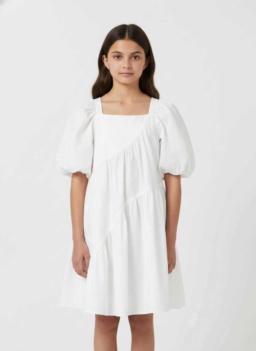 Asymmetric Stitched Gathered Kids Dress