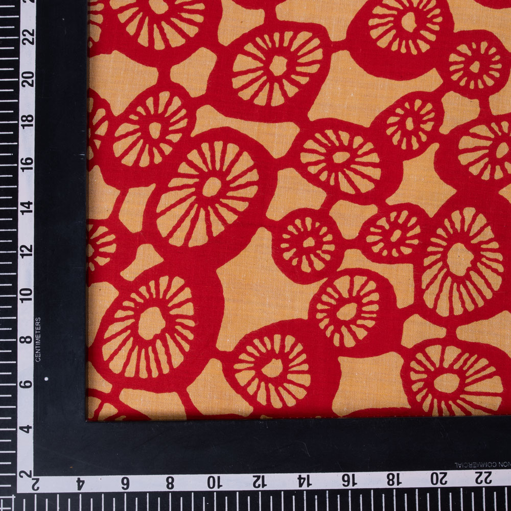 ABSTRACT RED & PEACH SCREENPRINTED COTTON KHADI 90 GSM HANDWOVEN FABRIC