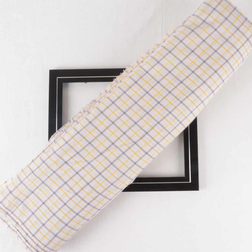 Check Yellow Black & White 60 GSM Handwoven Cotton Fabric