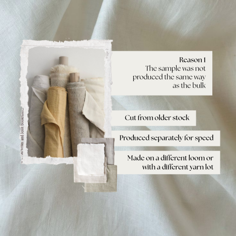 Fabric sample and bulk roll showing differences caused by yarn lot, loom, or production method changes