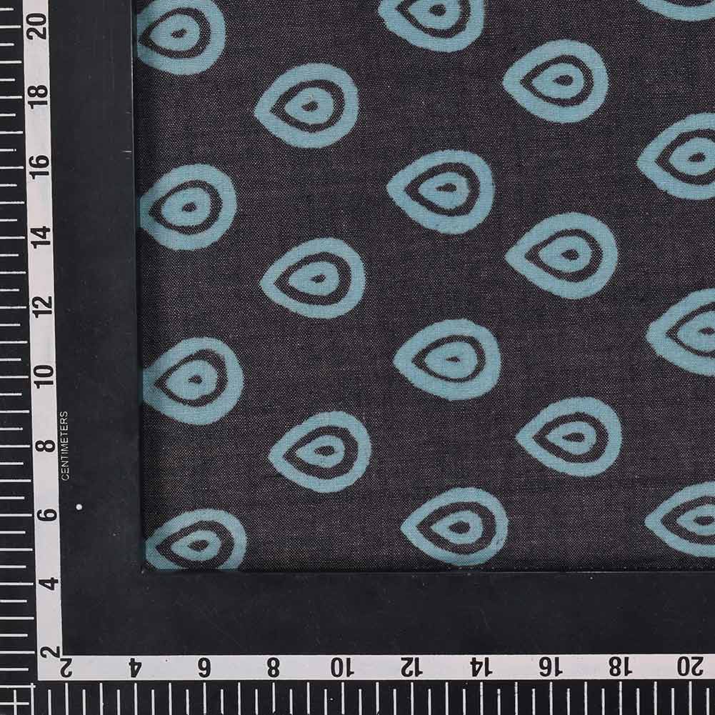 TEARDROP BLUE BLACK DISCHARGE BLOCK PRINTED PURE COTTON 88 GSM HANDWOVEN FABRIC