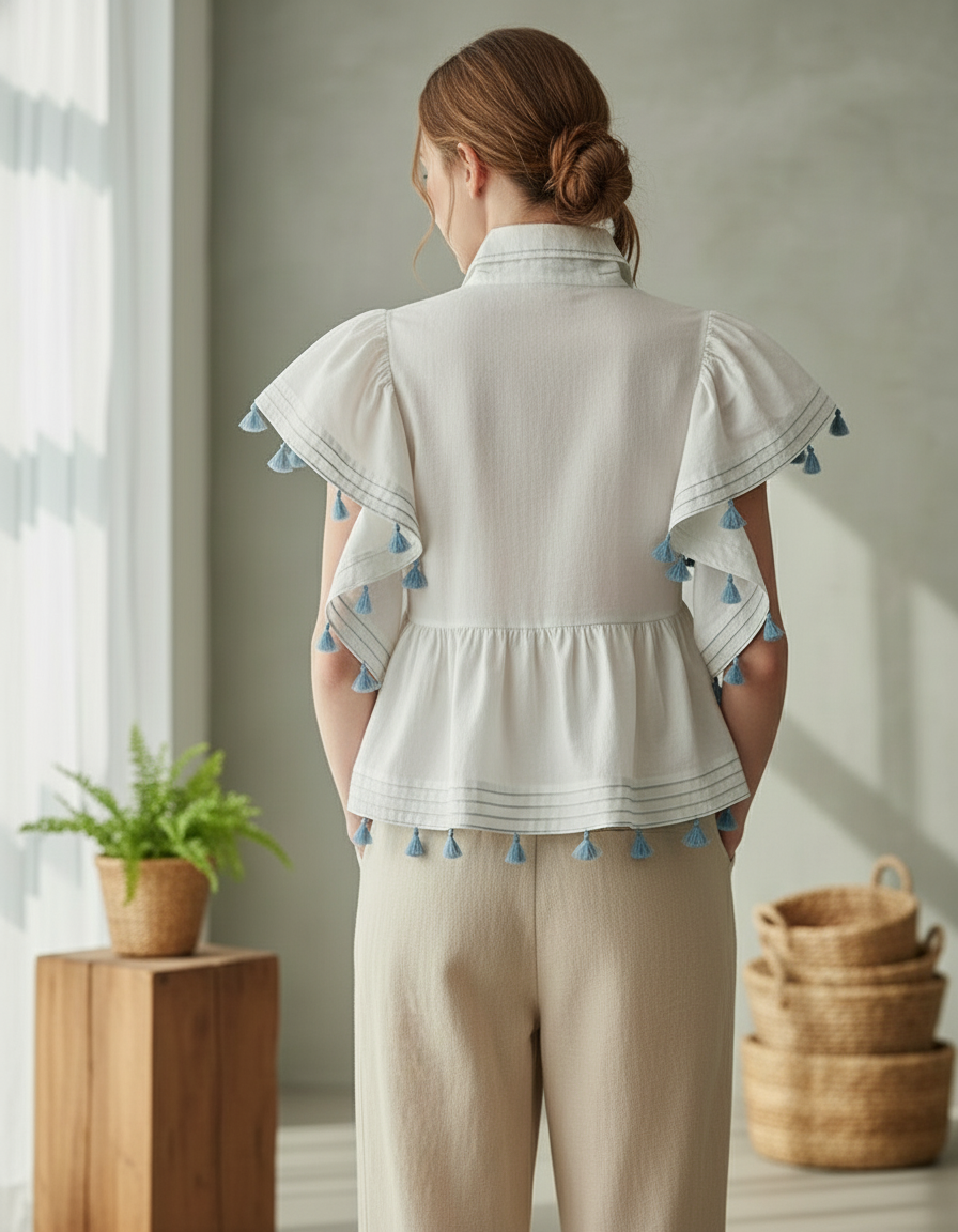 Pure Cotton White Tassel & Ruffle Sleeve Top.