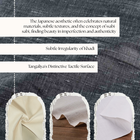 Natural handloom fabrics in neutral tones displaying Khadi texture, subtle irregularity, and Tangaliya’s distinctive tactile surface
