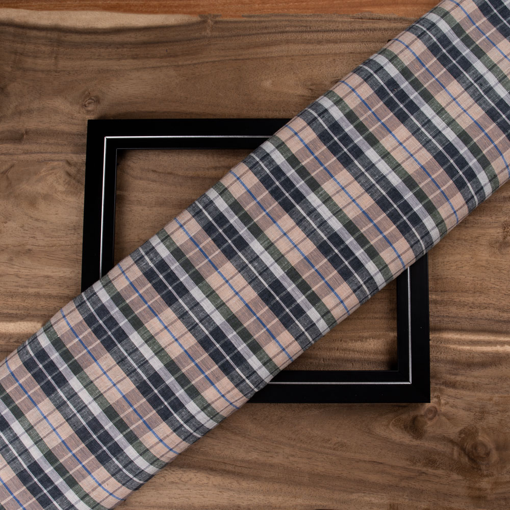 Check Beige & Black Pure Cotton 95 GSM Handwoven Fabric