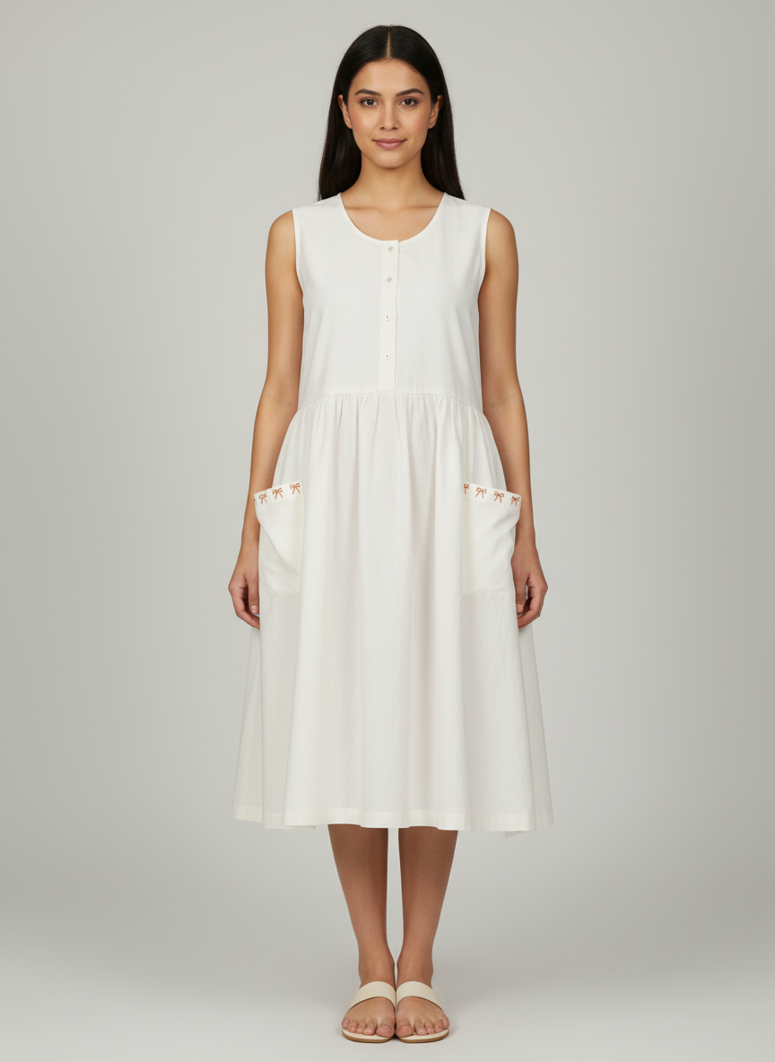 Midi Pleated Dress With Baggy Pockets with Bow Embroidery