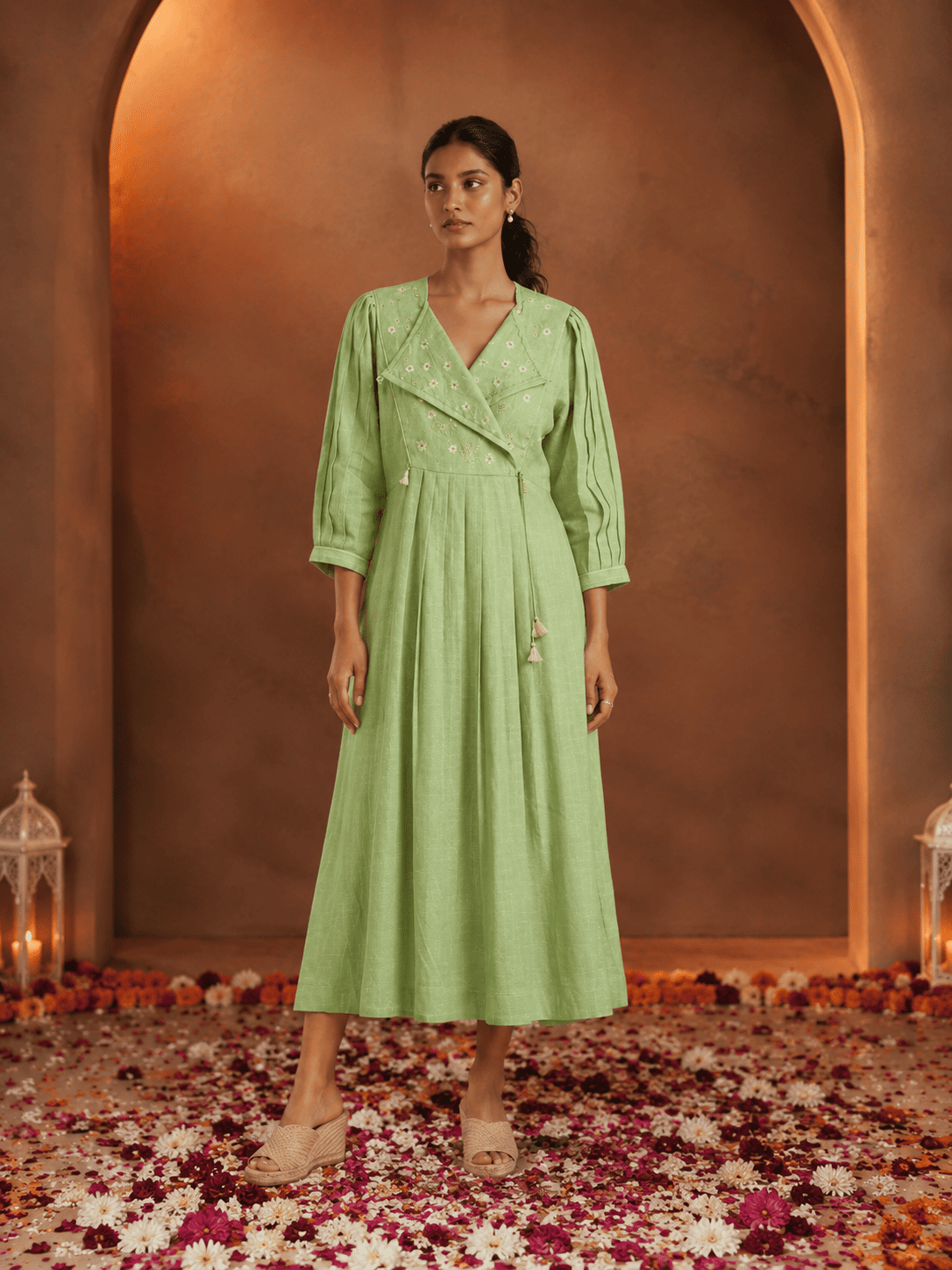 Embroidered Lapel & Top Midi Wrap Dress