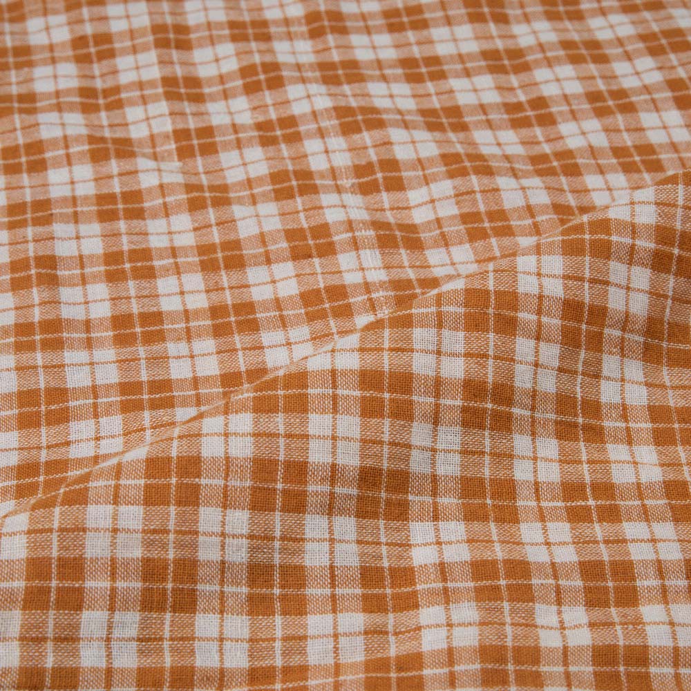 CHECK ORANGE & WHITE PURE COTTON 95 GSM HANDWOVEN FABRIC