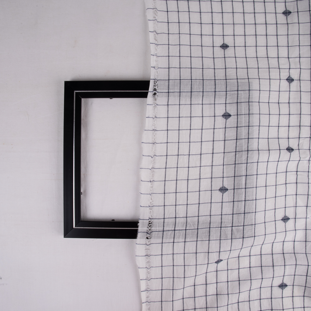 GEOMETRIC CHECK WHITE JAMDANI HANDWOVEN COTTON 55 GSM FABRIC