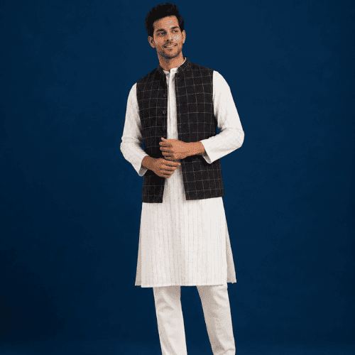 Checks Bundi Nehru Jacket from Anuprerna styled for a men's Diwali outfit.