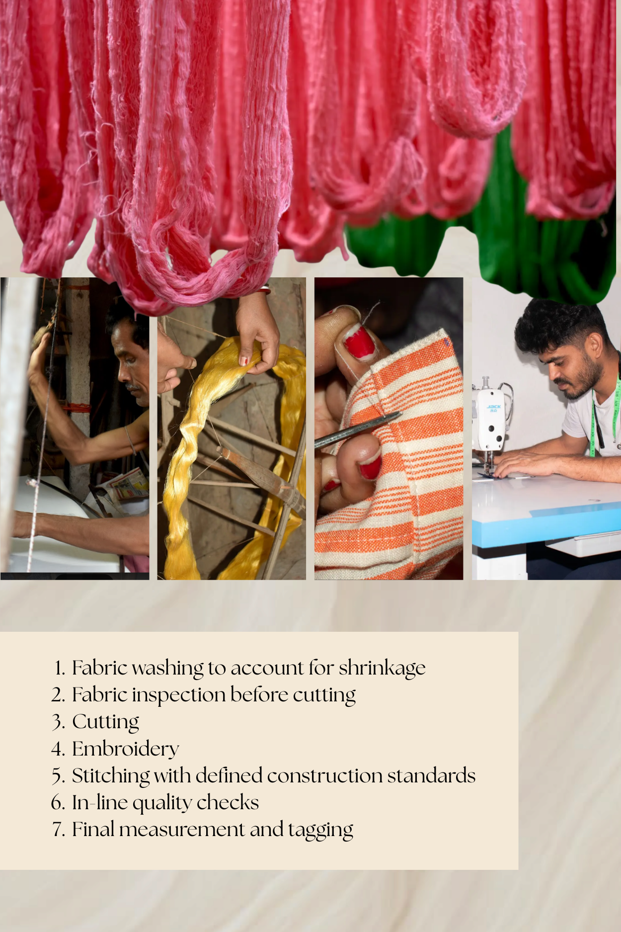 End-to-end garment production process showing fabric washing, inspection, cutting, embroidery, stitching, in-line quality checks, and final measurement during small-batch apparel manufacturing.