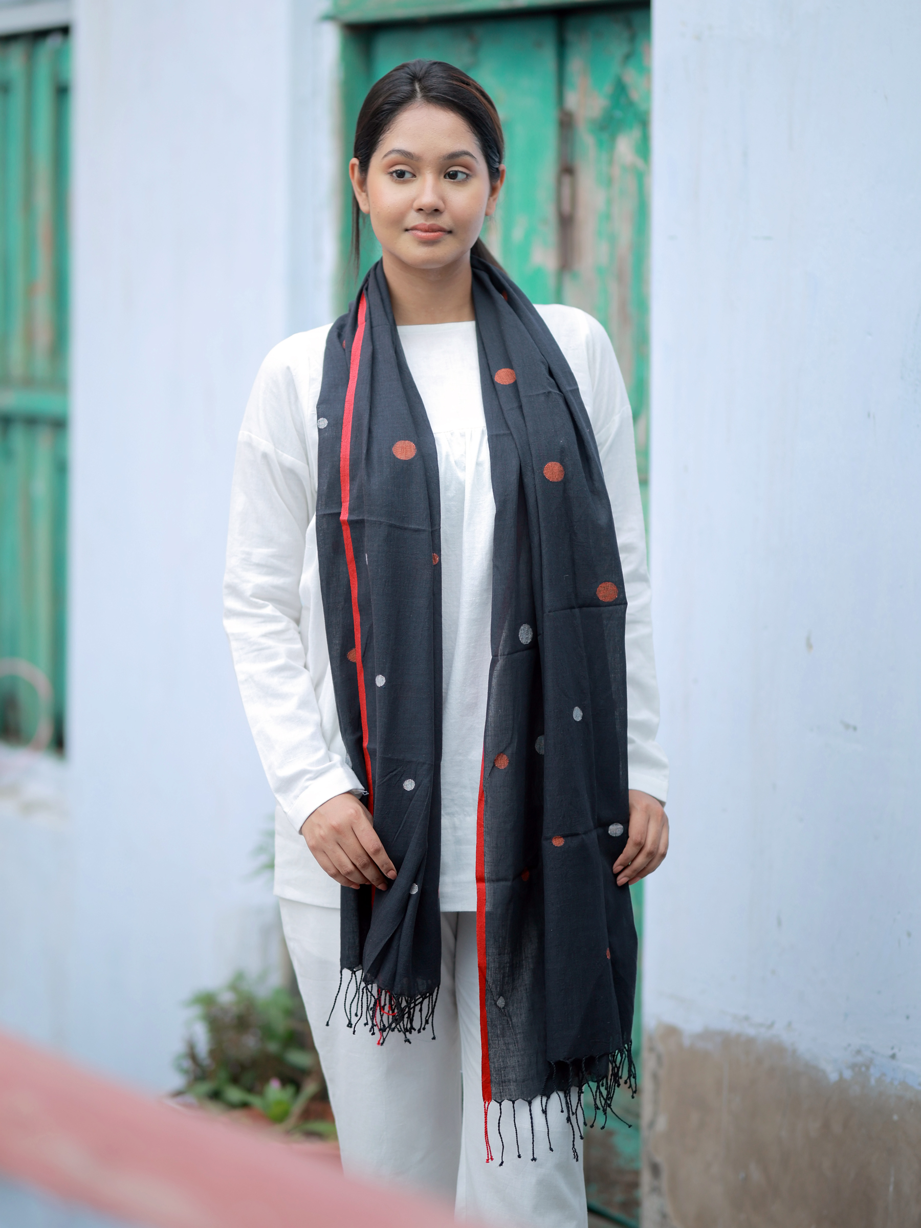 Geometric Black Jamdani Handwoven Cotton Scarf